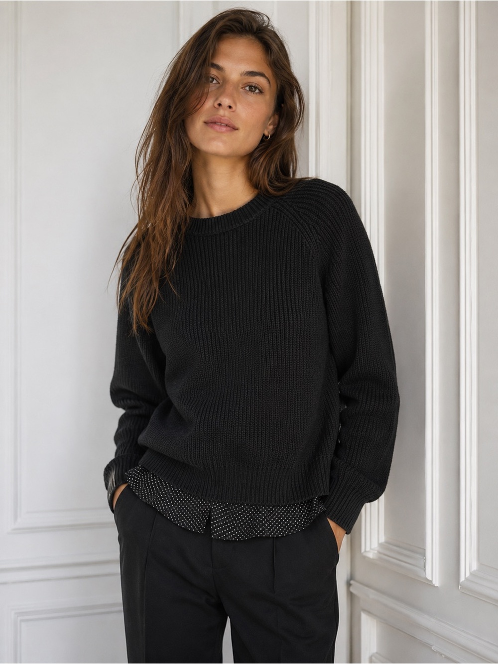 Ralph Lauren Black Twofer Crew Neck Sweater 100% Cotton Polka Dot